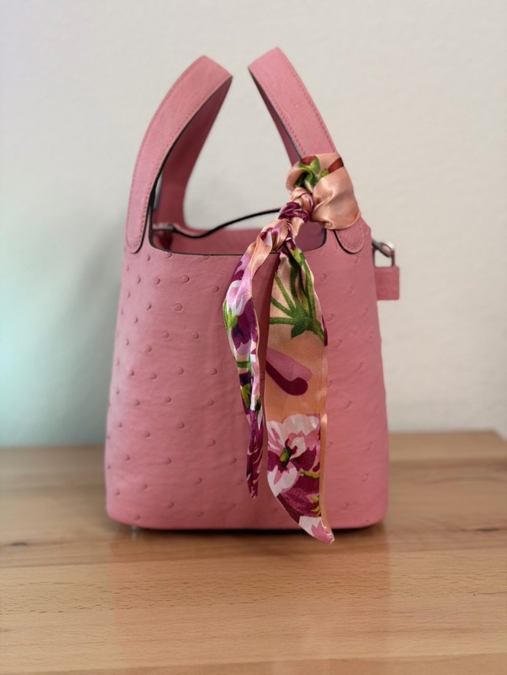 pink sakura 5P bubblegum genuine ostrich leather H Picotin Lock 18 PHW bucket - Picture 7 of 8